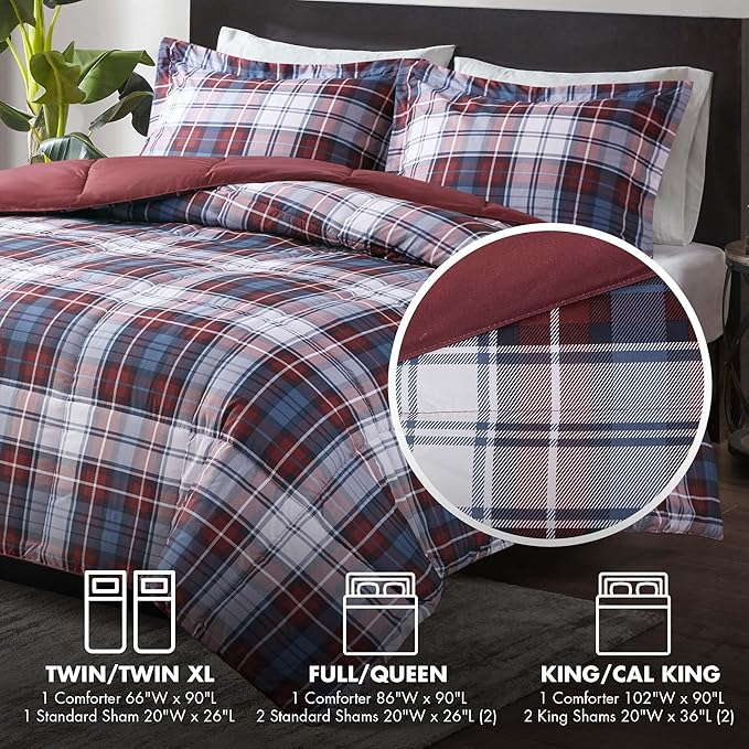 Madison Park Essentials Parkston Plaid Comforter, Matching Sham, 3M Scotchguard Stain Release Cover, Hypoallergenic All Season Bedding-Set, Full/Queen, Red, 3 Piece - LeafyLoom