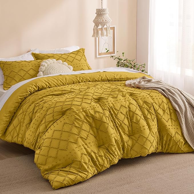 Bedsure Twin/Twin XL Comforter Set - Mustard Yellow Boho Twin Extra Long Comforter Set for College, Shabby Chic Dorm Bedding Set, 2 Pieces Modern Farmhouse Bed Set, includes 1 Pillow Sham - LeafyLoom
