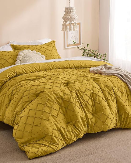 Bedsure Queen Comforter Set - Mustard Yellow Comforter, Boho Tufted Shabby Chic Bedding Comforter Set, 3 Pieces Vintage Farmhouse Bed Set for All Seasons, Fluffy Bedding Set with 2 Pillow Shams - LeafyLoom
