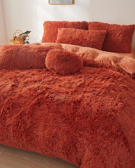 Fluffy Orange Comforter Cover Set Queen - Ultra Soft Plush Burnt Orange Bedding Sets 3 Pieces (1 Faux Fur Duvet Cover + 2 Faux Fur Pillow case) Boho Orange Queen Bed Sets (Dark Orange, Queen) - LeafyLoom