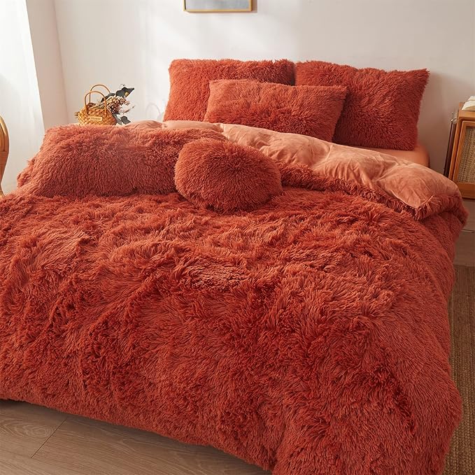 Fluffy Orange Comforter Cover Set Queen - Ultra Soft Plush Burnt Orange Bedding Sets 3 Pieces (1 Faux Fur Duvet Cover + 2 Faux Fur Pillow case) Boho Orange Queen Bed Sets (Dark Orange, Queen) - LeafyLoom