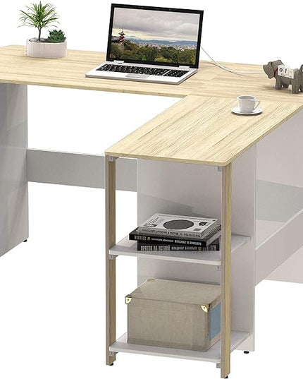SHW L-Shaped Home Office Corner Desk Wood Top, Oak - LeafyLoom