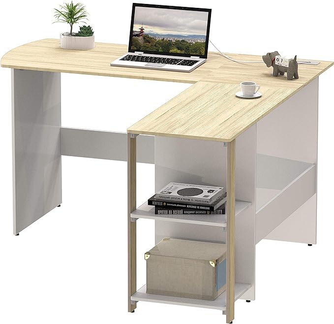 SHW L-Shaped Home Office Corner Desk Wood Top, Oak - LeafyLoom
