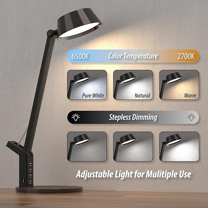LED Desk Lamp with USB Charging Port, Home Office Desk Lamp Touch Control Dimmable Table Lamp with 3 Color Modes, Eye Caring LED Lamp for Study, Reading, Work (Copper) - LeafyLoom