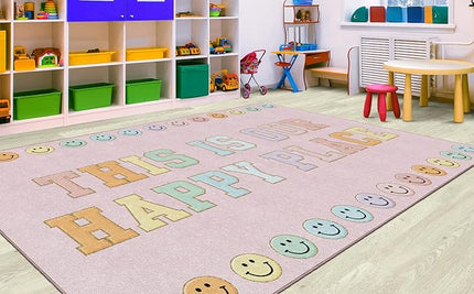 Flagship Carpets Schoolgirl Style This is Our Happy Place on Pink Educational Area Rug for Kids Room Seating Décor, Children's Classroom, Play Carpet for Teaching and Playroom, 7'6" x 12' - LeafyLoom