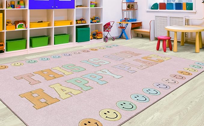 Flagship Carpets Schoolgirl Style This is Our Happy Place on Pink Educational Area Rug for Kids Room Seating Décor, Children's Classroom, Play Carpet for Teaching and Playroom, 7'6" x 12' - LeafyLoom