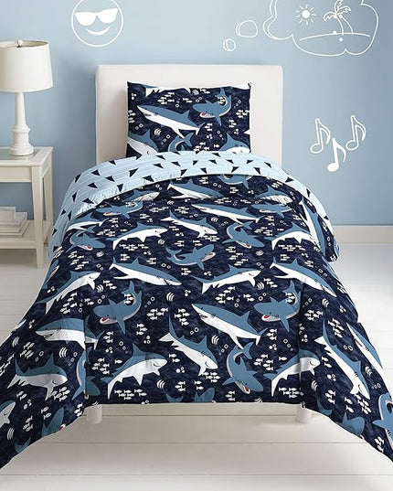 Dream Factory Sharks Boys Full Queen Size Boys Bedding Set Cotton Kids Comforter Set with Sham, 3 Piece, Full/Queen, Navy - LeafyLoom