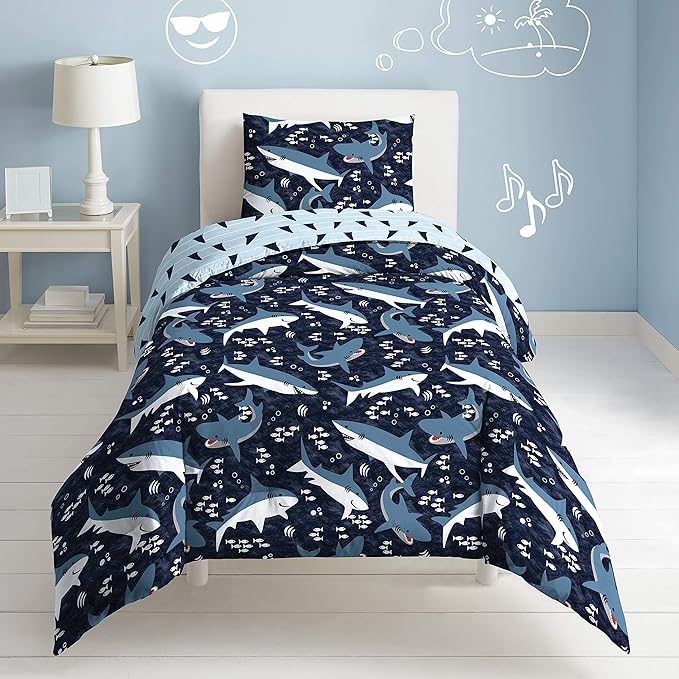 Dream Factory Sharks Boys Twin Size Boys Bedding Set Cotton Kids Comforter Set with Sham, 2 Piece, Twin, Navy - LeafyLoom