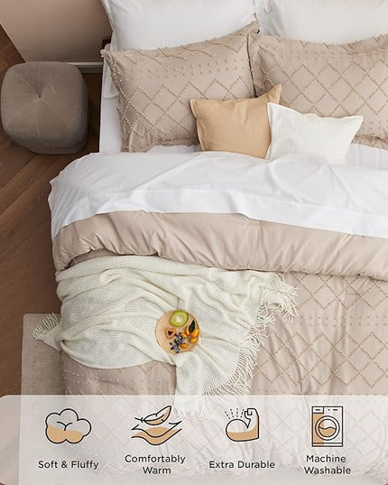 Bedsure Queen Comforter Set - Warm Tan Boho Tufted Shabby Chic Bedding Comforter Set, 3 Pieces Vintage Farmhouse Bed Set for All Seasons, Fluffy Soft Bedding Set with 2 Pillow Shams - LeafyLoom