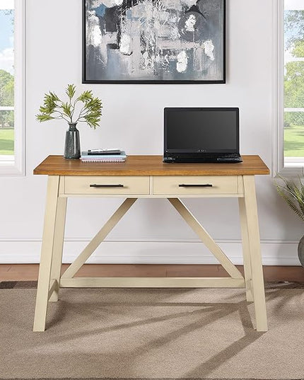 OSP Home Furnishings Milford Rustic 42 Inch Writing Desk with 2 Drawers and Burnished Decorative Hardware, Antique White - LeafyLoom
