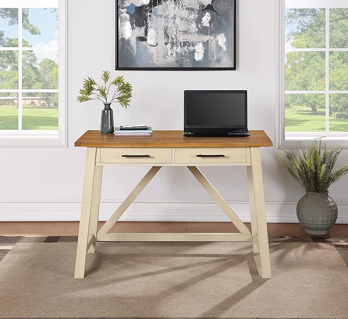OSP Home Furnishings Milford Rustic 42 Inch Writing Desk with 2 Drawers and Burnished Decorative Hardware, Antique White - LeafyLoom
