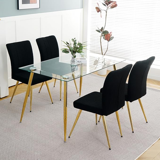 Modern Dining Chairs Set of 4, Side Dining Room Chairs with Gold Plated Metal Legs, Kitchen Chairs with Fabric Accent, Upholstered Chairs for Dining Room, Kitchen, Living Room, Black - LeafyLoom