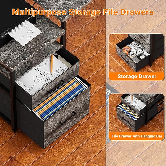 Unikito 70.8" Reversible L Shaped Computer Desk with Fabric File Drawers, Corner Desk with RGB LED Lights & Power Outlets & Monitor Stand, Large Gaming Desk for Home Office Workstation, Black Oak - LeafyLoom