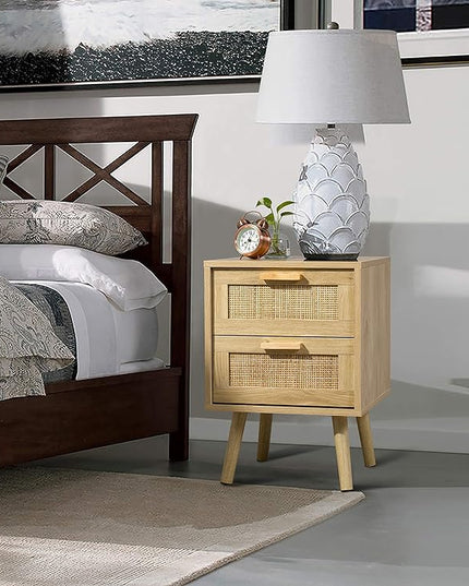 Finnhomy Nightstand, End Table, Side Table with 2 Hand Made Rattan Decorated Drawers, Wood Accent Table with Storage for Bedroom, Natural (Patented) - LeafyLoom
