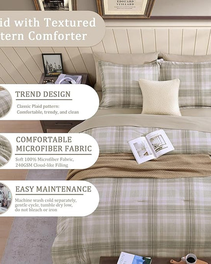 Beige King Size Comforter, Khaki Green Plaid King Comforter Set or Boys & Girls,Classic Homestead-style King Bedding Sets with King Size Bed Sheets and Comforter Sets - LeafyLoom