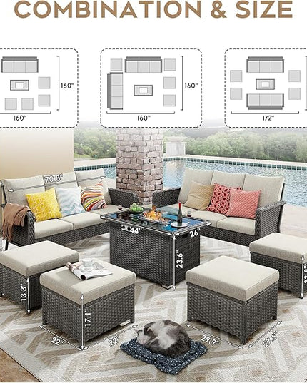 Yechen Patio Conversation Set 10 Seats with 44" Propane Gas Fire Pit Table - 7 Pcs Outdoor Wicker Furniture Set with Lid & Wind Shields - Sectional Sofa Set for Porch,Backyard - LeafyLoom