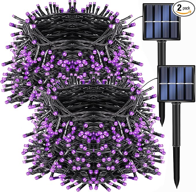 Dazzle Bright 2 Pack Total 400LED 132FT Halloween Solar String Outdoor Lights, Solar Powered with 8 Modes Waterproof Halloween Lights for Bedroom Patio Garden Tree Party Yard Decoration (Purple) DazzleBright