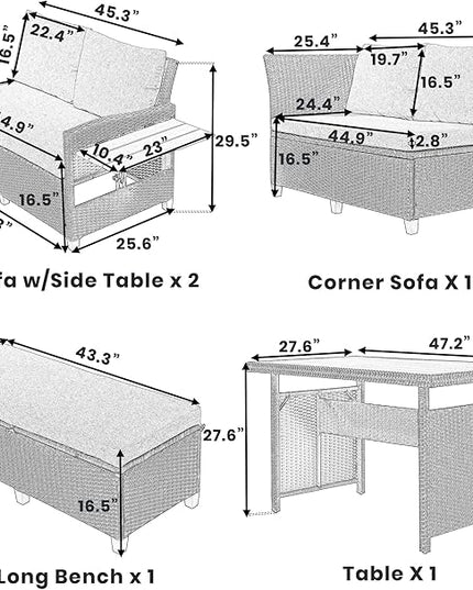 5 Piece Outdoor Furniture Patio Conversation with Dining Table&Bench, Sectional PE Wicker L-Shaped Sofa w/2 Extendable SideTable&Cushions&Washable Covers, Garden Rattan Couch, Gray - LeafyLoom