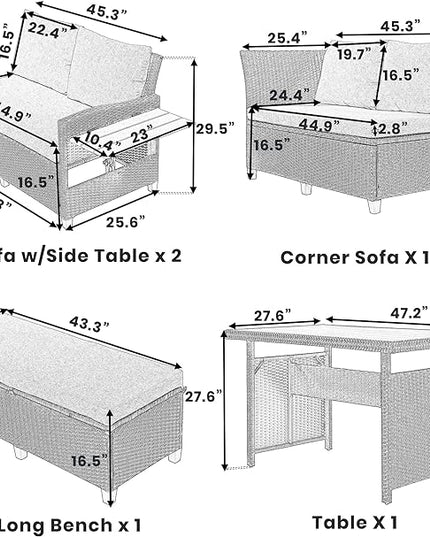Merax Patio Furniture Sets Outdoor, All Weather Sectional PE Rattan Sofa with 2 Extendable Side, Dining Table and Bench, 5-Piece, Grey - LeafyLoom