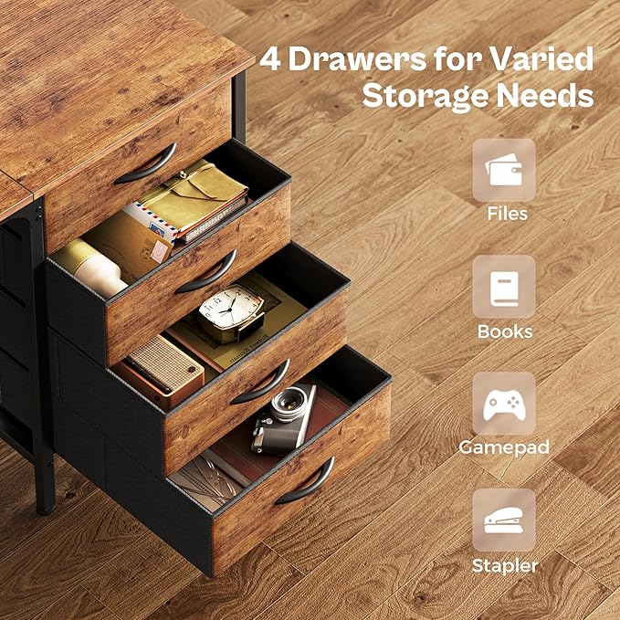 63 Inch Computer Desk with 4 Drawers, Office Desk with Mesh Shelf, Gaming Desk, Large Storage, Writing Desk Work Desk for Home Office, Study, Bedroom, Work from Home, Rustic Brown - LeafyLoom