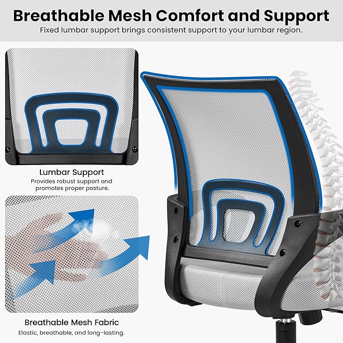 Yaheetech Ergonomic Office Chair Mid Back Computer Chair Mesh Desk Chair with Lumbar Support Armrest Executive Rolling Swivel Adjustable Task Chair for Adults, Grey - LeafyLoom