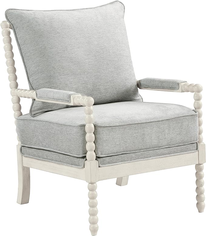 OSP Home Furnishings Kaylee Spindle Accent Chair with Antique White Wood Frame, 26.5” W x 32.25” D x 37” H, Smoke Grey Fabric - LeafyLoom