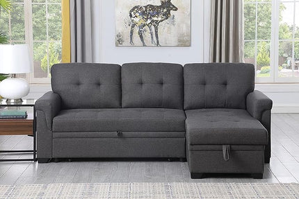 LOVMOR L-Shape Reversible Linen Fabric Sleeper Sectional Sofa with Storage Chaise, Dark Gray Corner Couch with Arms for Living Room, Home Furniture, Apartment, Dorm, 84 Inch - LeafyLoom