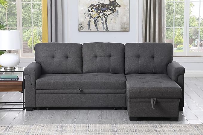 LOVMOR L-Shape Reversible Linen Fabric Sleeper Sectional Sofa with Storage Chaise, Dark Gray Corner Couch with Arms for Living Room, Home Furniture, Apartment, Dorm, 84 Inch - LeafyLoom