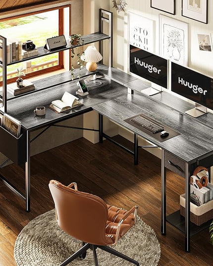 L Shaped Desk Computer Desk with LED Lights & Power Outlets, Gaming Desk with Storage Shelves, Corner Desk Home Office Desks for Bedroom, Grey - LeafyLoom