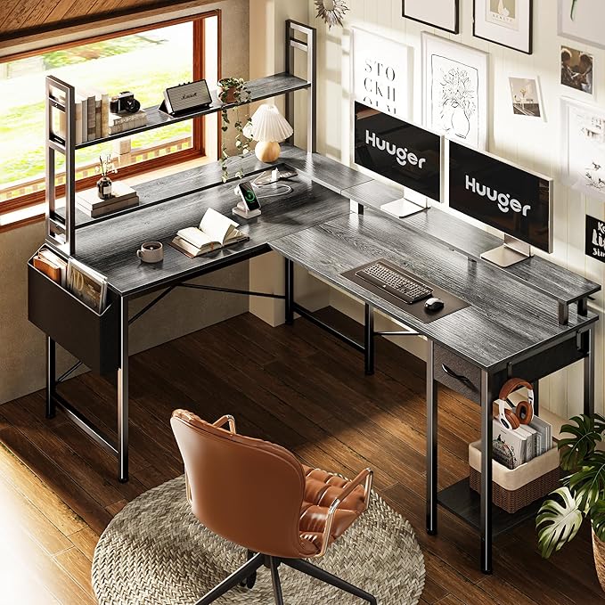 L Shaped Desk Computer Desk with LED Lights & Power Outlets, Gaming Desk with Storage Shelves, Corner Desk Home Office Desks for Bedroom, Grey - LeafyLoom