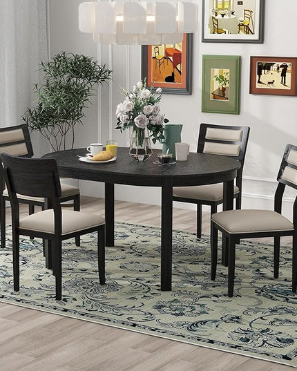 5-Piece Farmhouse Extendable Round Dining Table Set with Two 4 Upholstered Chairs for Kitchen, Breakfast Nook, Living Room, 42"-56" L x 42" W x 30" H, Black(2 Small Drawers) - LeafyLoom