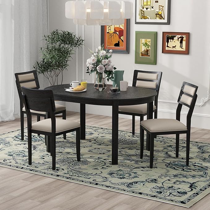 5-Piece Farmhouse Extendable Round Dining Table Set with Two 4 Upholstered Chairs for Kitchen, Breakfast Nook, Living Room, 42"-56" L x 42" W x 30" H, Black(2 Small Drawers) - LeafyLoom