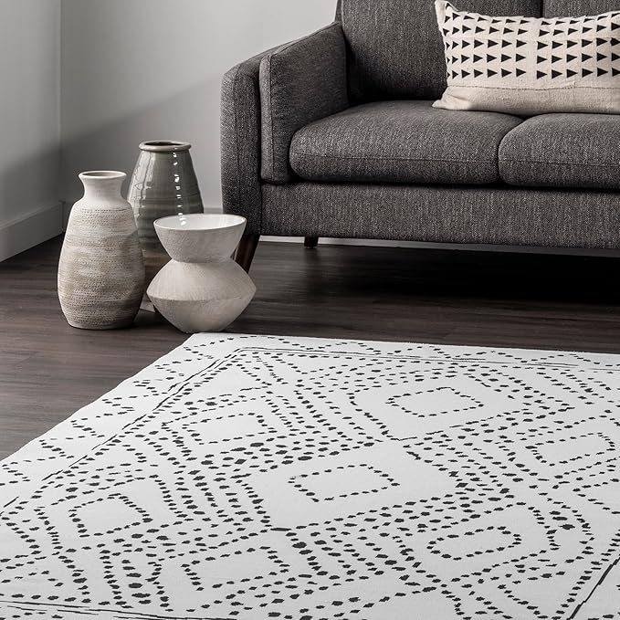 nuLOOM Mila Machine Washable Diamond Trellis Ultra Thin Runner Rug, 2' 6" x 6', White - LeafyLoom
