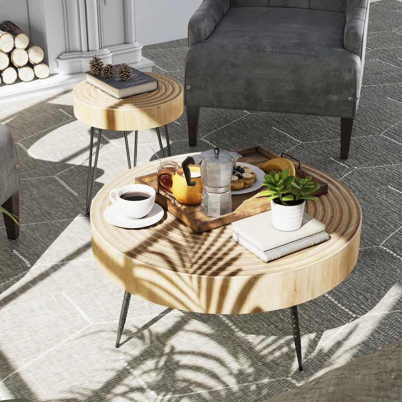 2-Piece Modern Farmhouse Living Room Coffee Table Set, Nesting Table Round Natural Finish with Handcrafted Wood Ring Motif, Wood Colour LeafyLoom