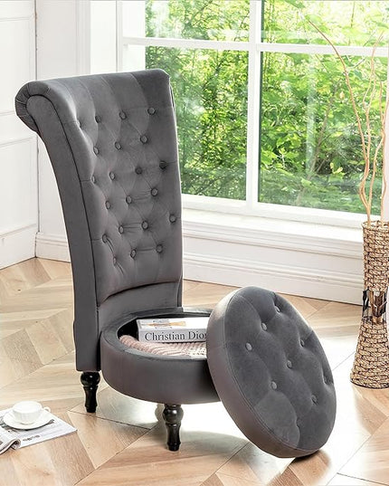 Royal Velvet Accent Chair for Vanity with Storage and Luxurious Upholstery, Retro Design and Versatile Usage for Living Room, Bedroom, Lounge and Office, Grey - LeafyLoom