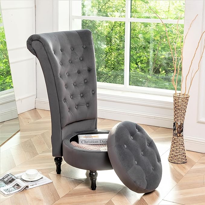 Royal Velvet Accent Chair for Vanity with Storage and Luxurious Upholstery, Retro Design and Versatile Usage for Living Room, Bedroom, Lounge and Office, Grey - LeafyLoom