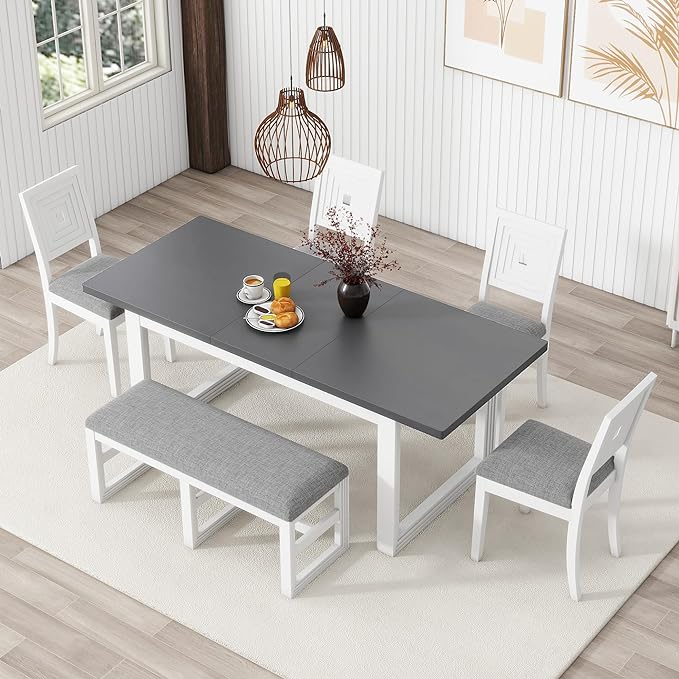 78Inch Dining Table Set for 6, Extendable Dining Table with 18" Butterfly Leaf, 4 Upholstered Dining Chairs and Bench, Kitchen Table Set for Dining Room, White+Grey - LeafyLoom