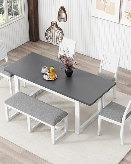 6-Piece Dining Set, Wood Extendable 78inch Kitchen Table with 18" Butterfly Leaf, 4 Upholstered Chairs & Long Bench, Dark Gray+White, 60"-78" L x 36" W x 30" H - LeafyLoom