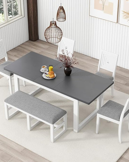 Modern Extendable Set for 6-White Expandable Dining Room Table with 18" Butterfly Leaf, 4 Upholstered Chairs, and Bench - LeafyLoom