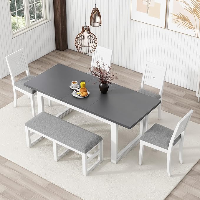 Modern Extendable Set for 6-White Expandable Dining Room Table with 18" Butterfly Leaf, 4 Upholstered Chairs, and Bench - LeafyLoom