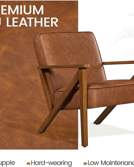 Yaheetech Accent Chair Faux Leather Armchair Lounge Chair with Wood Frame, Modern Retro Lounge Chair for Living Room/Office/Reception Area, Light Brown - LeafyLoom
