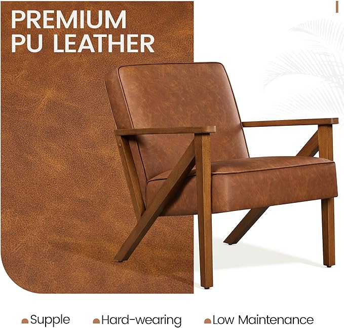 Yaheetech Accent Chair Faux Leather Armchair Lounge Chair with Wood Frame, Modern Retro Lounge Chair for Living Room/Office/Reception Area, Light Brown - LeafyLoom
