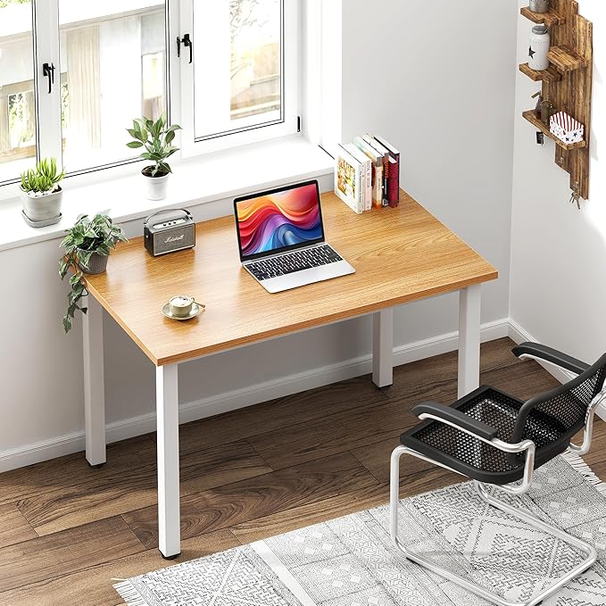 Need Small Desk, 31.5 inch Sturdy Writing Desk for Small Spaces, Small Computer Desk Teens Desk Study Table Laptop Desk Home Ofice Desk, White Metal Frame, Teak - LeafyLoom