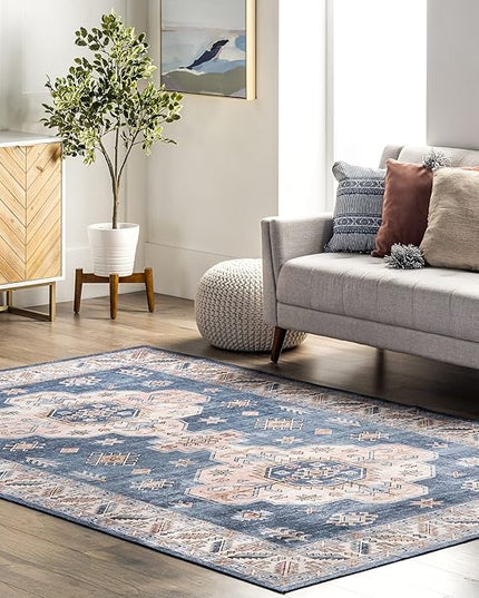 nuLOOM Norma Machine Washable Traditional Medallion Ultra Thin Area Rug, 6' x 9', Blue - LeafyLoom