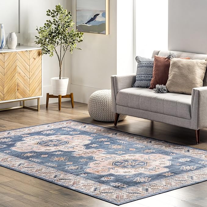 nuLOOM Norma Machine Washable Traditional Medallion Ultra Thin Area Rug, 6' x 9', Blue - LeafyLoom