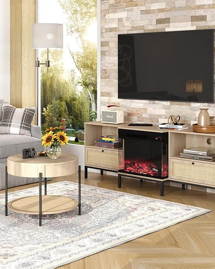 3-Sided Glass Fireplace TV Stand for TVs up to 80", Entertainment Center Electric Fireplace TV Stand with Rattan Drawers Boho Natural - LeafyLoom