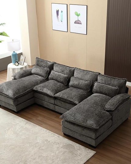 Oversized Modular Sectional Sofa Cloud Couch, U Shaped Chenille Upholstered Overstuffed Corner Couch with Double Chiase Lounge and Solid Wood Legs, 6 Seater Soft Sleeper Sofa&Couches for Home - LeafyLoom