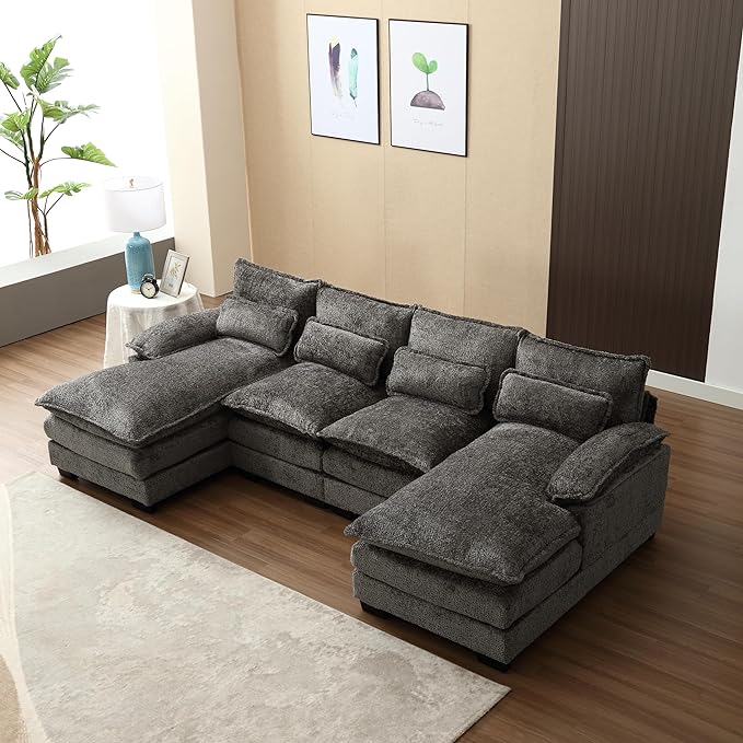 Oversized Modular Sectional Sofa Cloud Couch, U Shaped Chenille Upholstered Overstuffed Corner Couch with Double Chiase Lounge and Solid Wood Legs, 6 Seater Soft Sleeper Sofa&Couches for Home - LeafyLoom