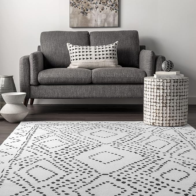 nuLOOM Mila Machine Washable Diamond Trellis Ultra Thin Runner Rug, 2' 6" x 6', White - LeafyLoom