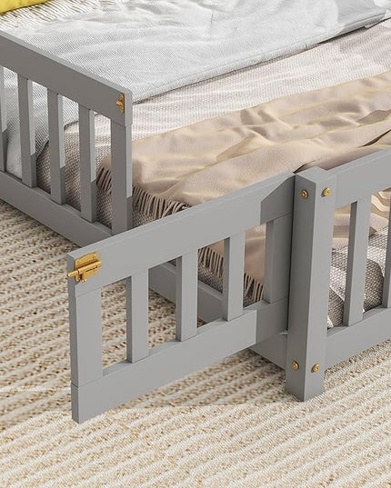 Bellemave Full Size House-Shaped Headboard Floor Bed for Kids, Montessori Floor Bed with Fence and Door,House Bed Twin Frame for Girls,Boys (Gray) - LeafyLoom